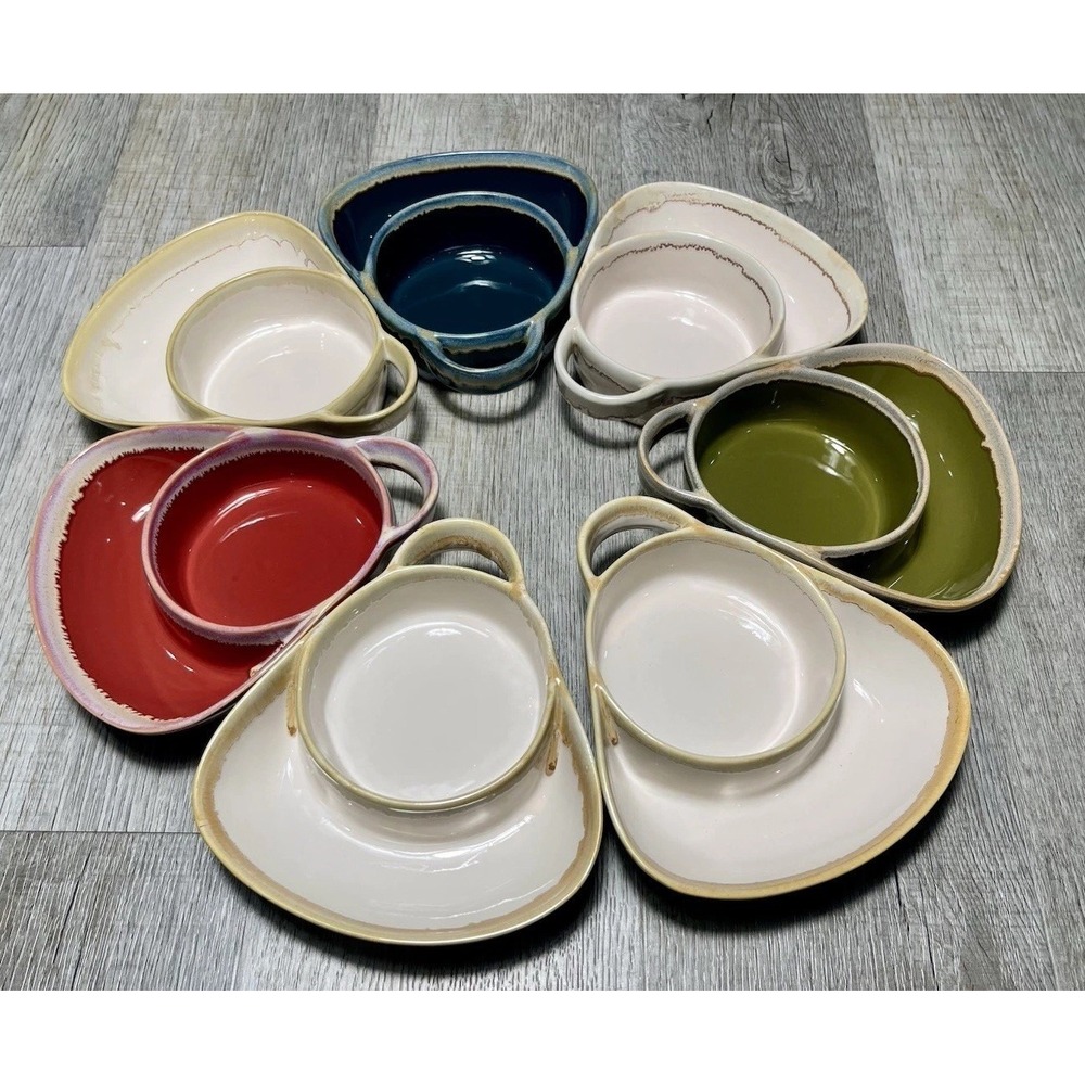 Set Of 7 Rustic Southwest Farmhouse Stoneware Chip & Dip Drip Glazed Ceramic
